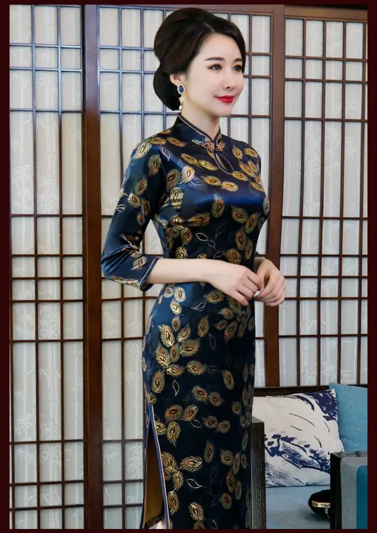 Женское платье с цветочным принтом, Qipao, большой размер 4XL, Сексуальное Мини вечернее платье, винтажное, на пуговицах, Cheongsam, китайское платье, элегантное, Vestidos - Цвет: navy blue 2