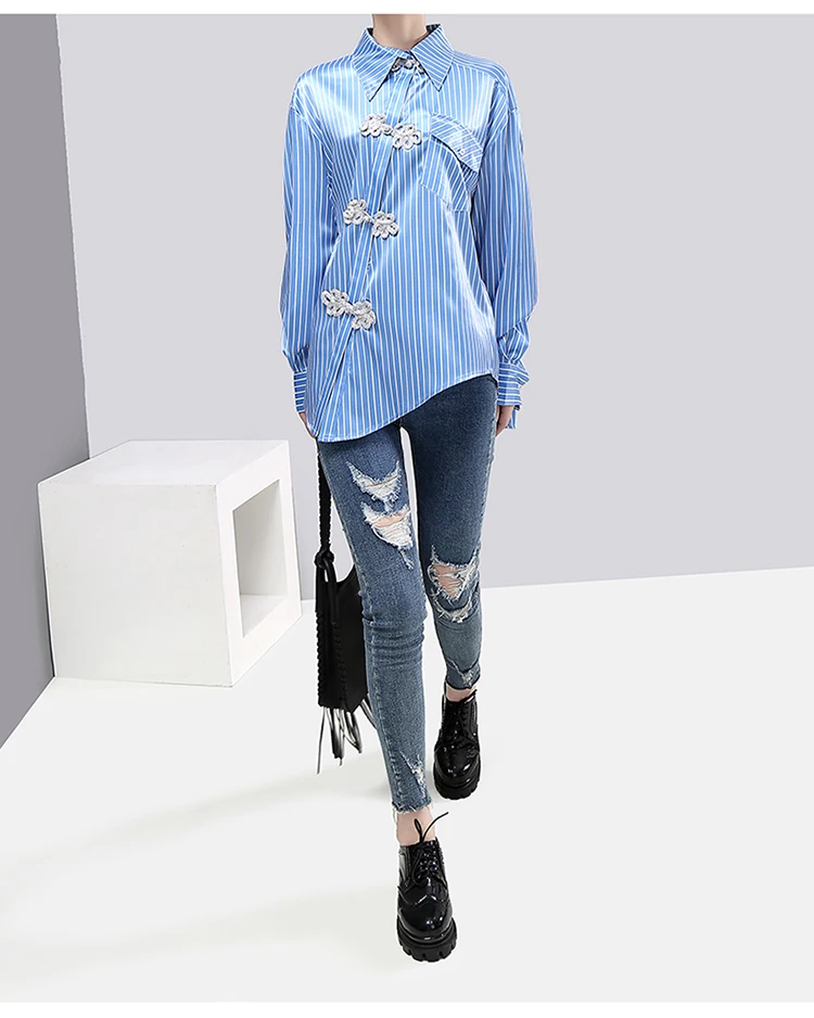 Новинка, корейский стиль, женская синяя длинная полосатая блуза, рубашка, длинный рукав, цветы, пуговицы, Женская стильная блузка, сорочка, femme 5485