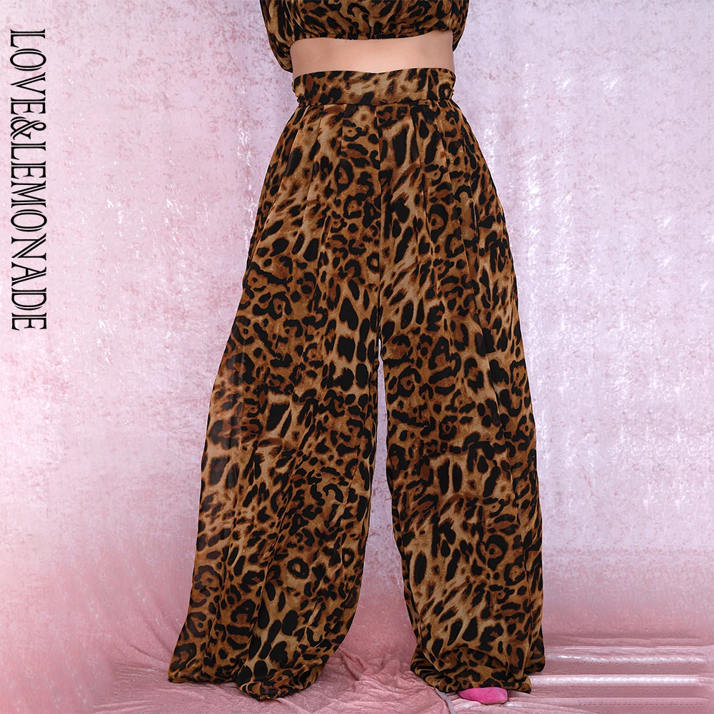 LOVE&ampLEMONADE Plus Size Mid-Rise Leopard Chiffon Wide Leg Pants LM81498PLUS | Женская одежда