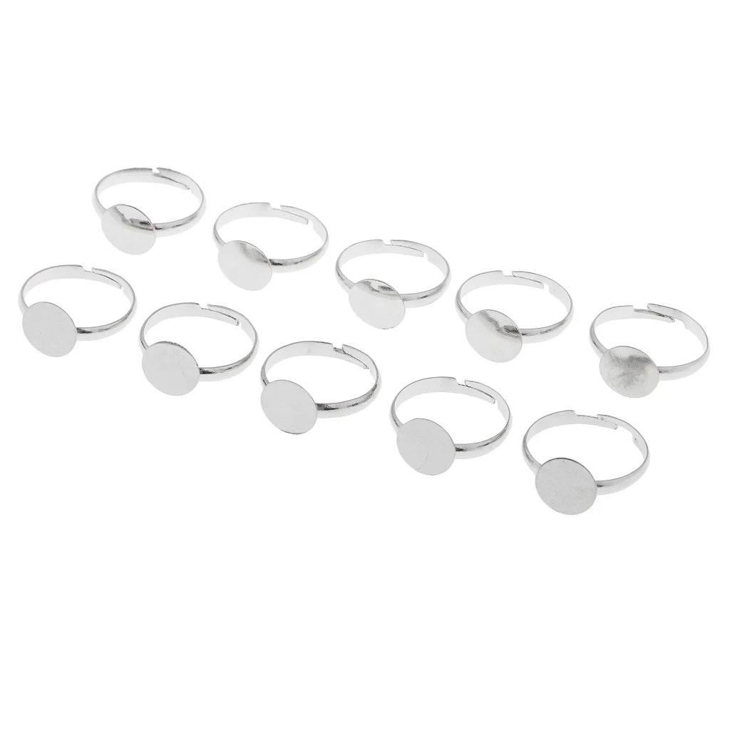 10Pcs 10mm Pad DIY Ring Base Adjustable Ring Blanks Glue On Cabochons Rings