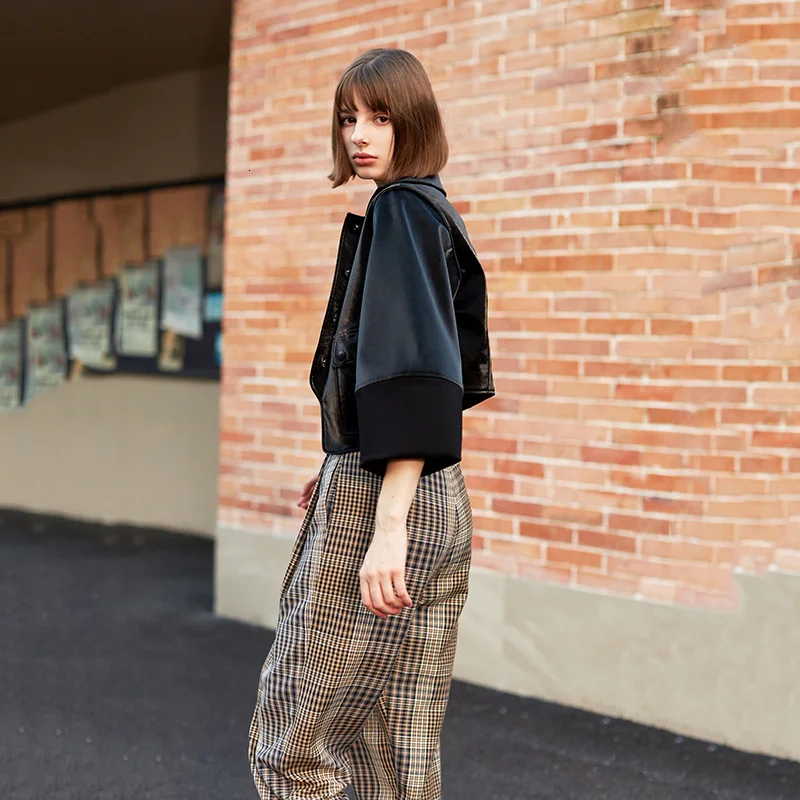 buy  [EAM] Loose Fit Black Asymmetrical Pu Leather Jacket New Lapel Long Sleeve Women Coat Fashion Tide 