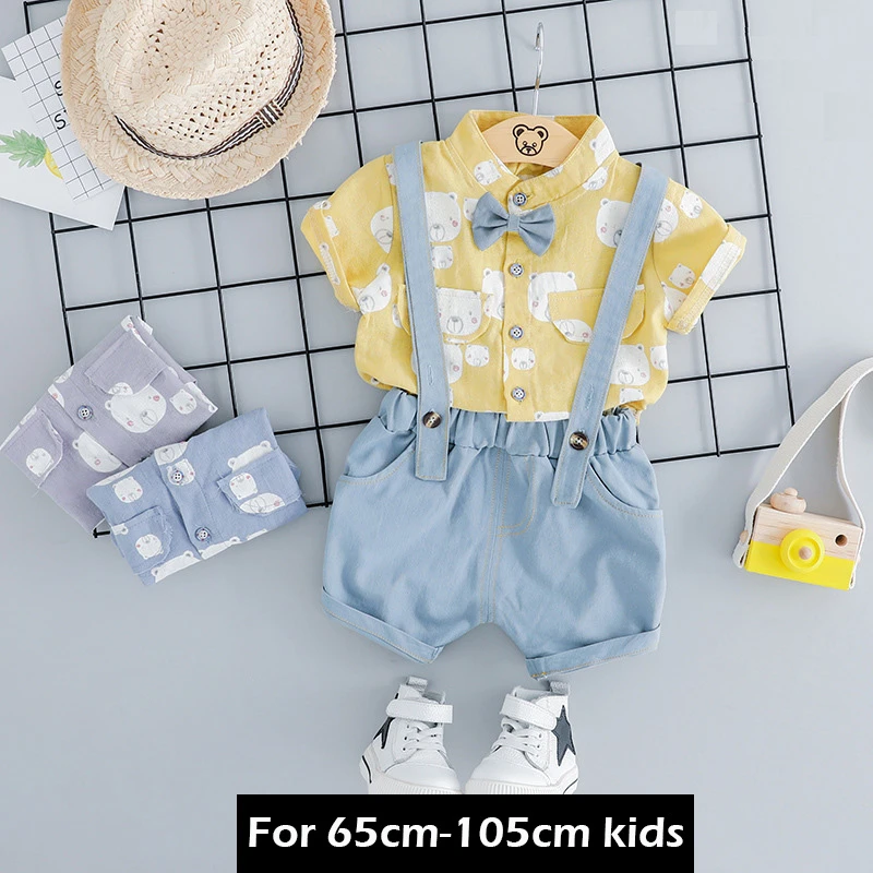 夏の新生児の男の子 1st 誕生日服 2 個セットクマプリントシャツ サスペンダーパンツネクタイのためのスーツ 1 2 3 歳の子供 服セット Aliexpress