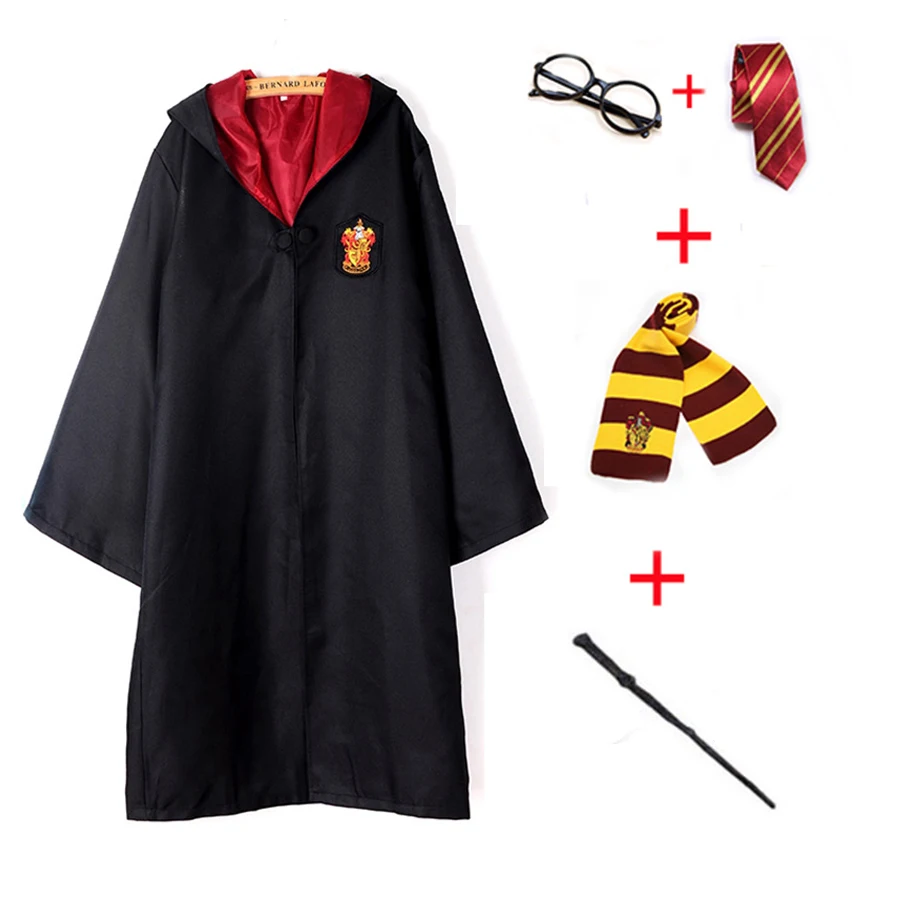 5PCS Set Magic Costume Robe Gryffindor Slytherin Ravenclaw Hufflepuff Cosplay Potter Costumes Kids Adult Cape Cloak E2103AD