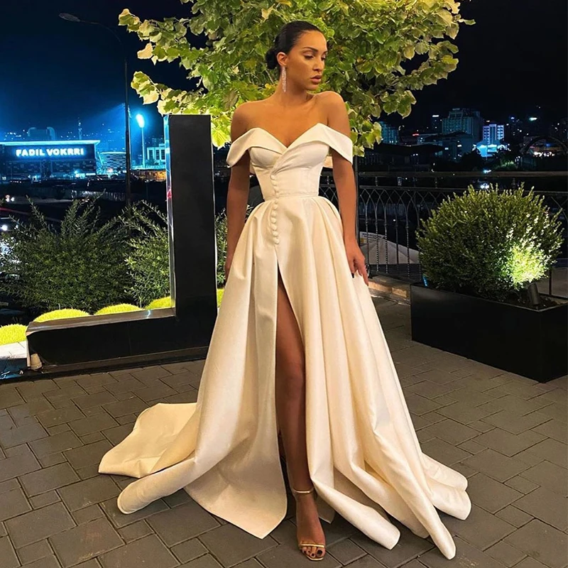 

UZN A-Line Off-The-Shoulder Satin Prom Dress V-Neck High Split Evening Dress With Buttons vestidos de fiesta