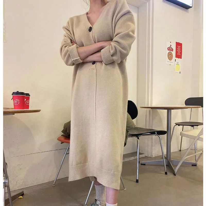 

2020 Autumn Winter Women V-Neck Knitted Dress Fashion Long Sleeve Korea Knit Sweater Dress Women Midi Dresses One Piece Dress