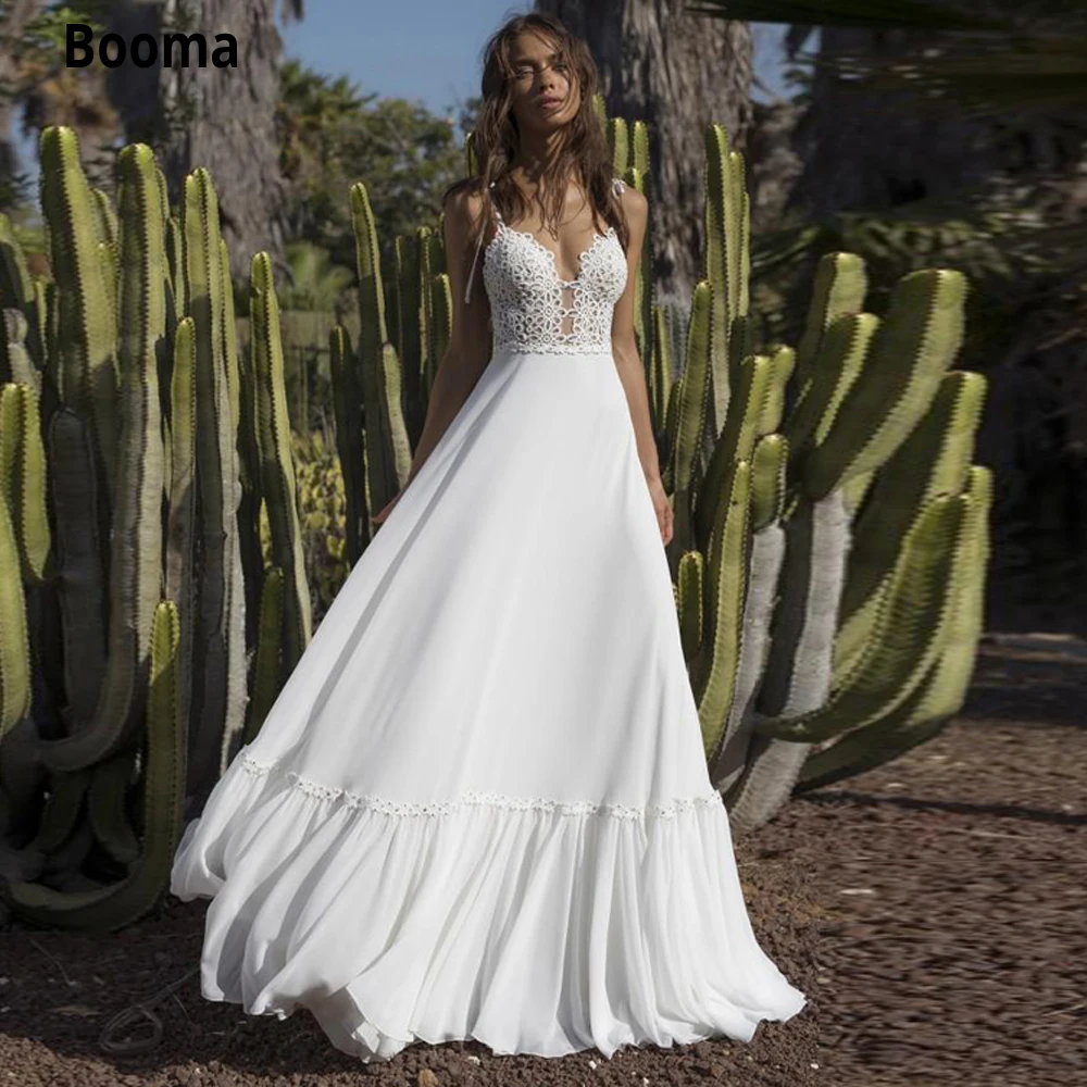 

Booma Spaghetti Straps Lace Chiffon Beach Wedding Dress Boho V-Neck Bride Dress Floor Length Princess Bohemia Wedding Gown 2020
