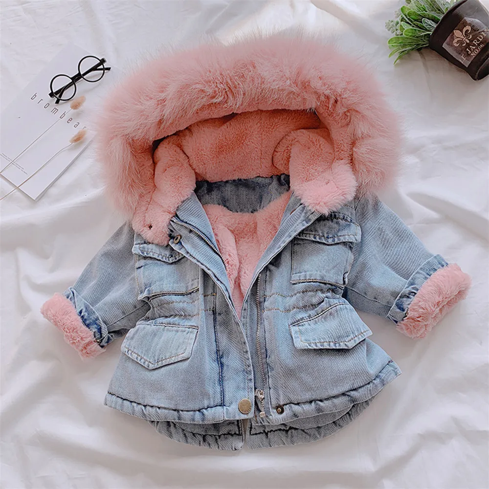 Пальто для малышей; куртка для маленьких девочек с капюшоном из искусственного меха; флисовое теплое плотное джинсовое пальто; верхняя одежда; Модный зимний теплый костюм