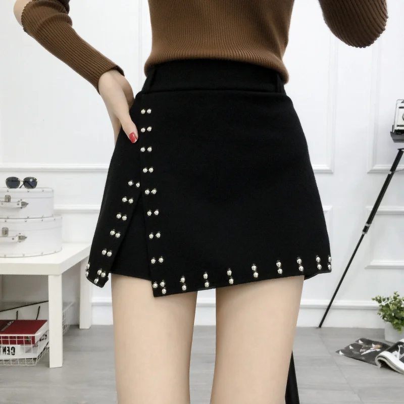 2018 женские шерстяные шорты с заклепками больших размеров, юбки с высокой талией и широкими штанинами