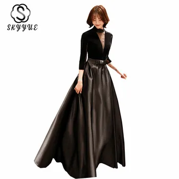 

Skyyue Black Evening Dresses Illusion Zipper Plus Size Robe De Soiree K332 Three Quarter Sleeve Bow A-Line Formal Gowns