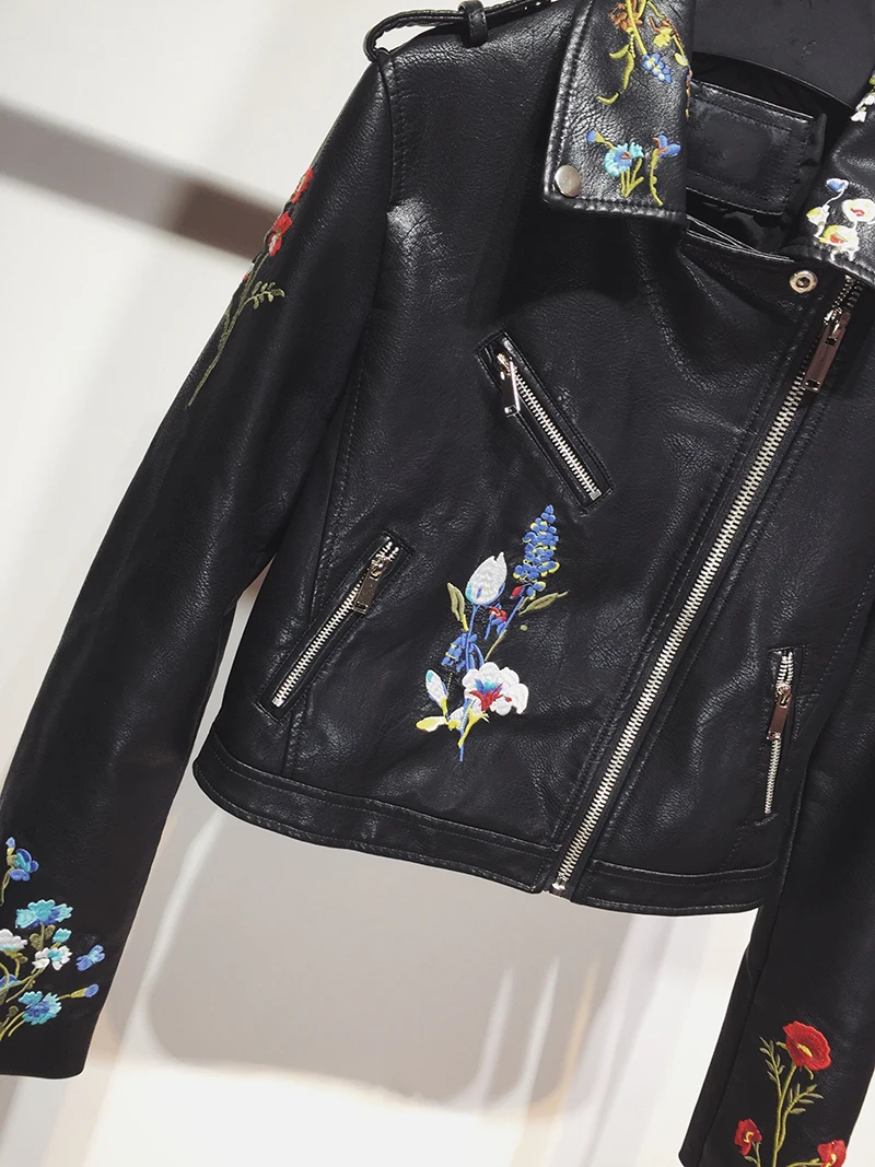 New Autumn Embroidered Leather Jacket for Women Faux Leather Jacket PU Punk Jacket, Slim Coat with Floral Print for Motorcyclist
