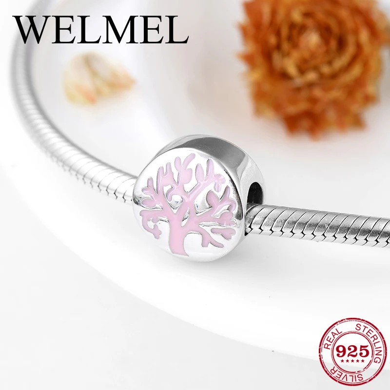 

Fashion Charms Beads Pink Enamel Tree of life 925 Sterling Silver Fit Original Pandora Charm Bracelet Jewelry making