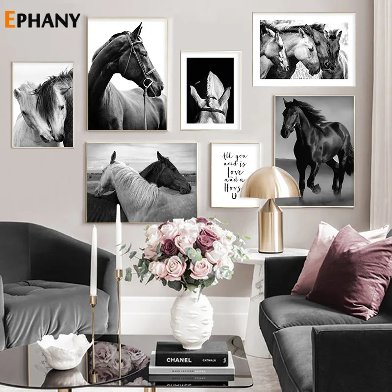 Диких животных Wall Art черный белый цвет Лошадь Плакаты и принты современная
