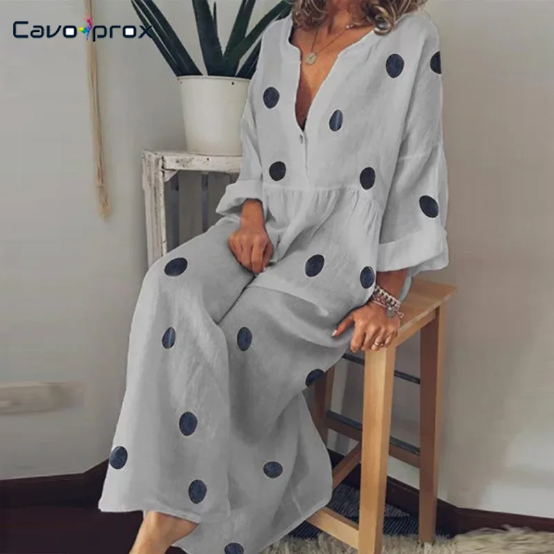 Женское хлопковое и льняное платье в горошек большого размера повседневное