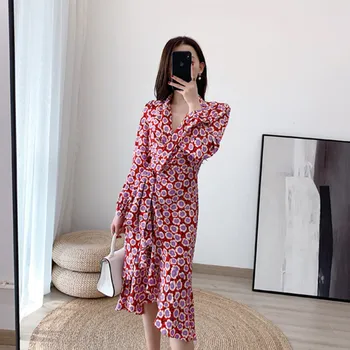 

Silk Floral Print Dress With Sashes Women Asymmetric Fashion Long Sleeve Midi Wrap Dress
