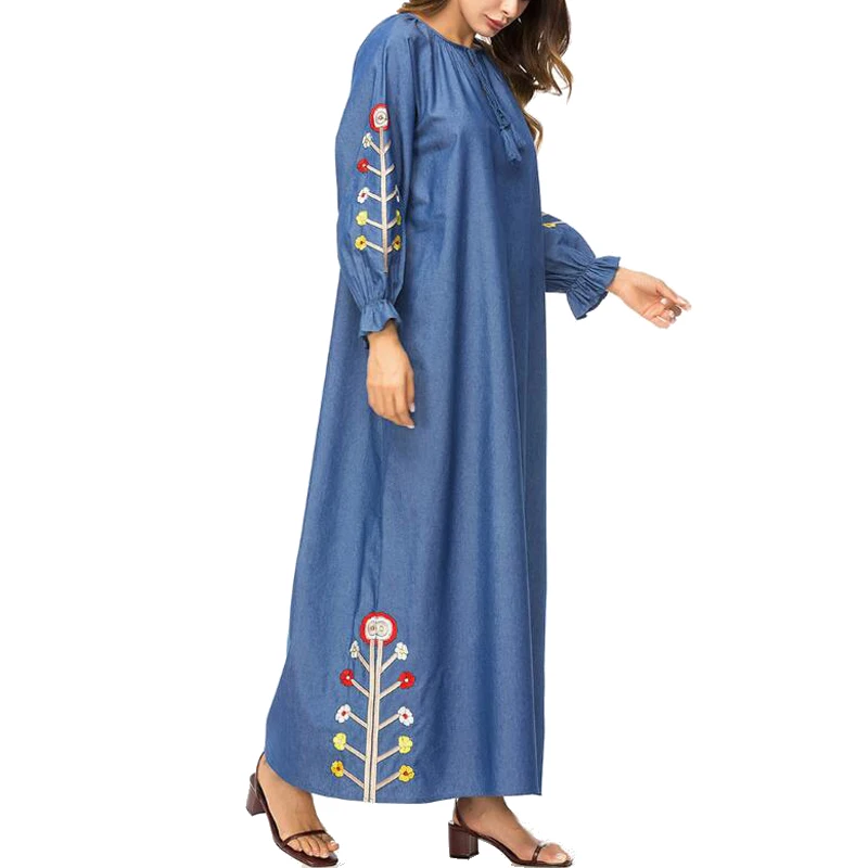 MISSJOY New Fashion muslim clothing dubai Women Long Sleeve Denim Abaya Embroidery flower Patchwork turkey islamic Maxi dress