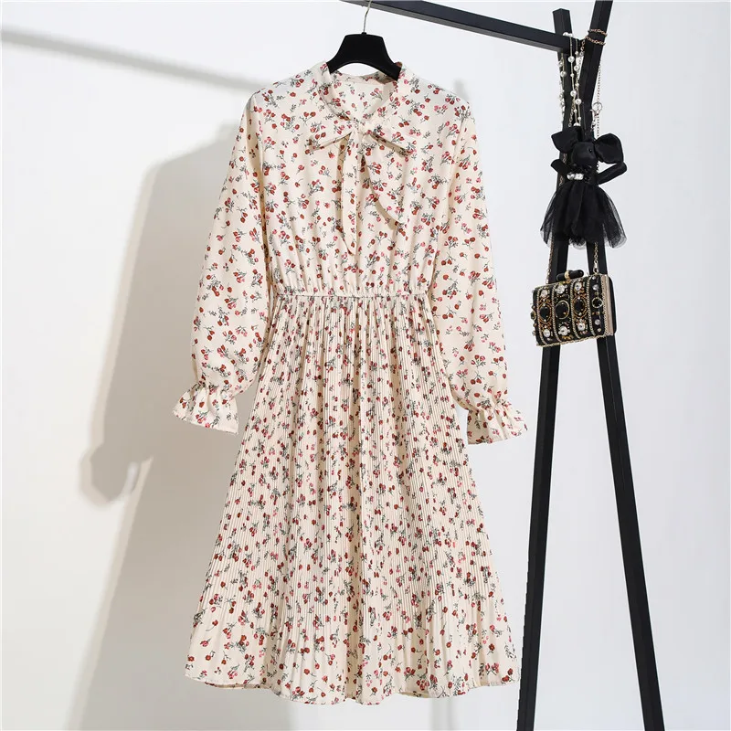 

New 2020 Spring Dress Women Bow Tie Collar Vintage Floral Print Dress Office Ladies Elastic Waist Slim Midi Party Dress Vestidos