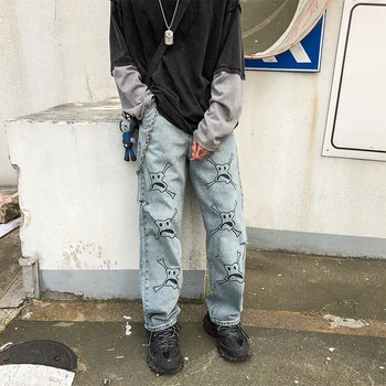 

Denim Harem Pants Men Skull Print Hole Vintage Straight Jeans Pant Male Women Streetwear Hip Hop Loose Casual Harajuku Trousers