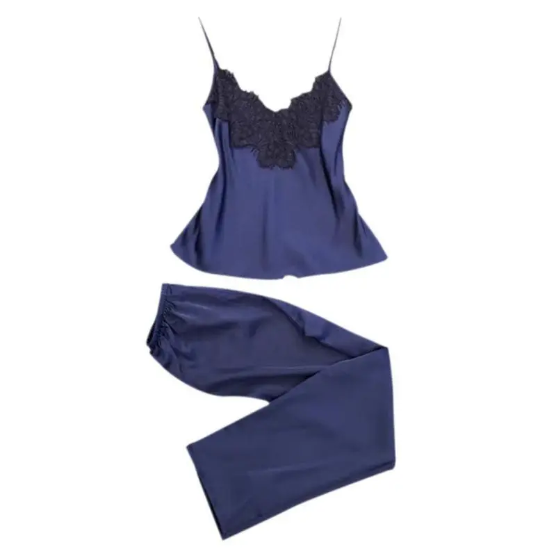 blue Пижамный комплект для девочек, топ, длинные штаны из искусственного шелка, кружевное нижнее белье с v-образным вырезом и бантом, женское нижнее белье с кружевом без рукавов - Цвет: blue