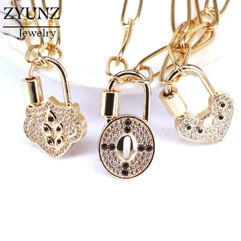 

5PCS, Gold Color HIPHOP Jewellery Pave CZ Zircon Heart Lock Spiral Buckle Necklace Punk Chain CZ Pendant Necklaces Boho Jewelry