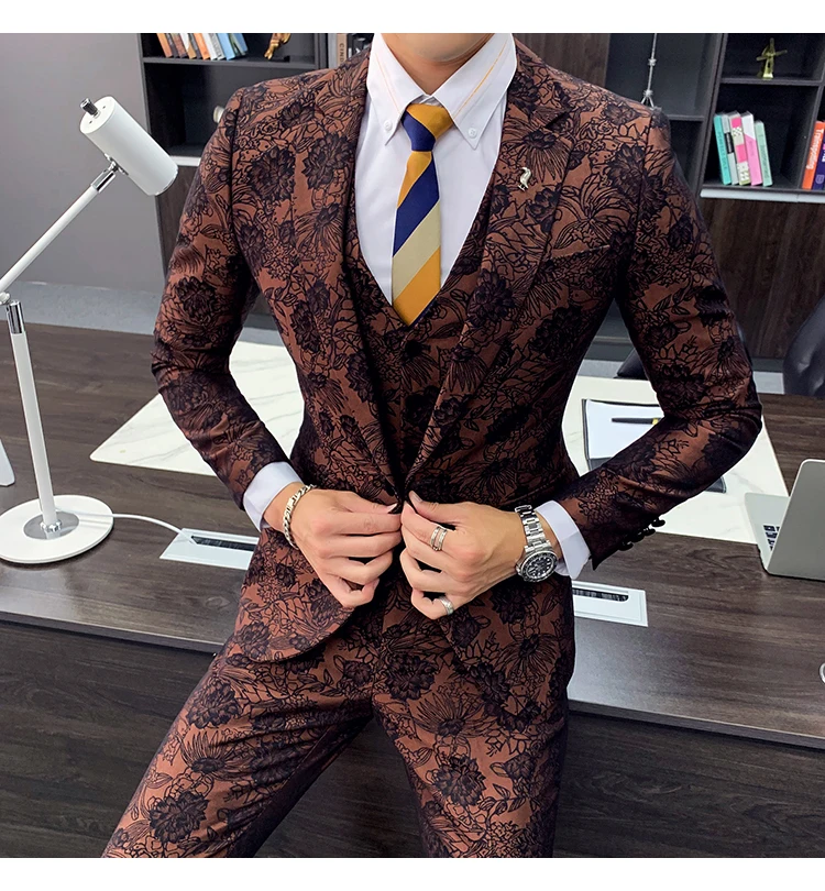 Цветочный жаккардовый костюм для мужчин Slim Fit коричневый бордовый темно-синий костюм для жениха из трех частей DJ партии выпускного вечера сценический костюм Q882