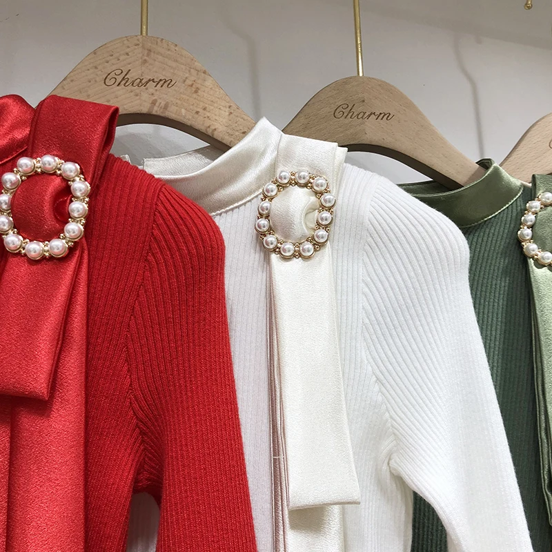 Темперамент лук свитер женский красный свитер женский Crewneck сплайсинга жемчуга ленты рог рукав вязанная рубашка свитера Короткий Джемпер