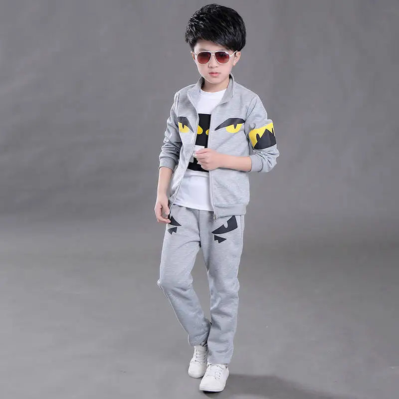Boys set in the big three three-piece children's sports round neck T-shirt boys spring and autumn long-sleeved tide clothes - Цвет: Серый