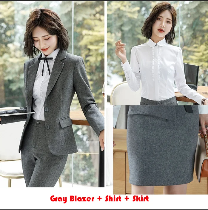 Gray 3Pcs Set B Весна осень с длинным рукавом Бизнес Формальные Брюки костюм Ol Женская рабочая одежда серый блейзеры брючные костюмы блузка костюм платье - Цвет: Gray 3Pcs Set B