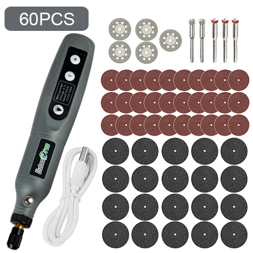 USB Mini Cordless Drill Pen Rechargeable Wireless Engraving Pen With LED Rotary Tool Dremel Electric Drill Grinding Accessories Gray-60PCS