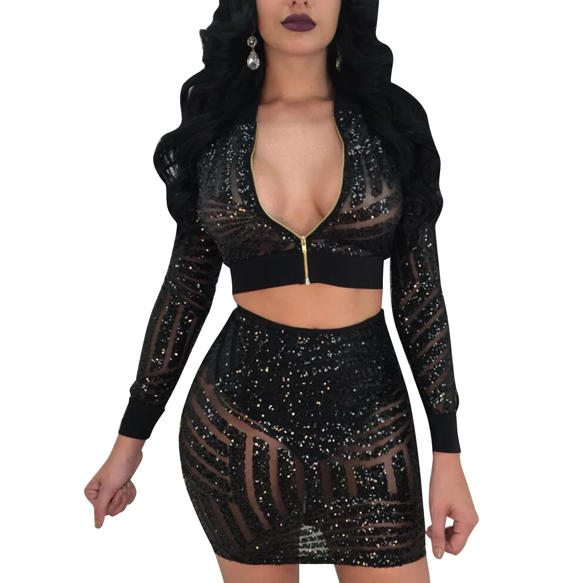 black long sleeve two piece set