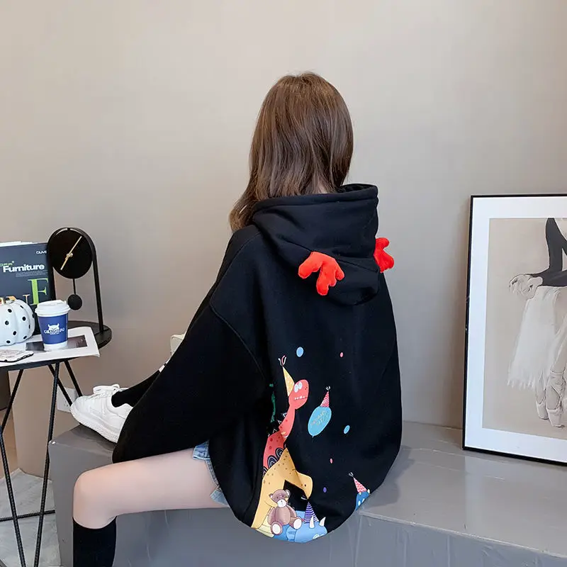 

Sweater Fall/winter 2020 New Plus Velvet Padded Sweater Women Long-sleeved Korean Loose Cartoon Antler Hooded Jacket