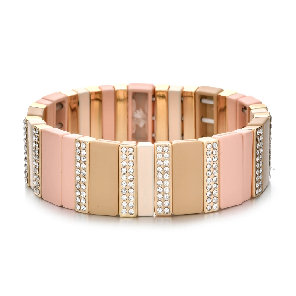 

Pink Color Enamel Bracelets Handmade Crystal Tile Beads Elastic Stretch Bracelets Ins Fashion Bangles For Women Fashion Jewelry