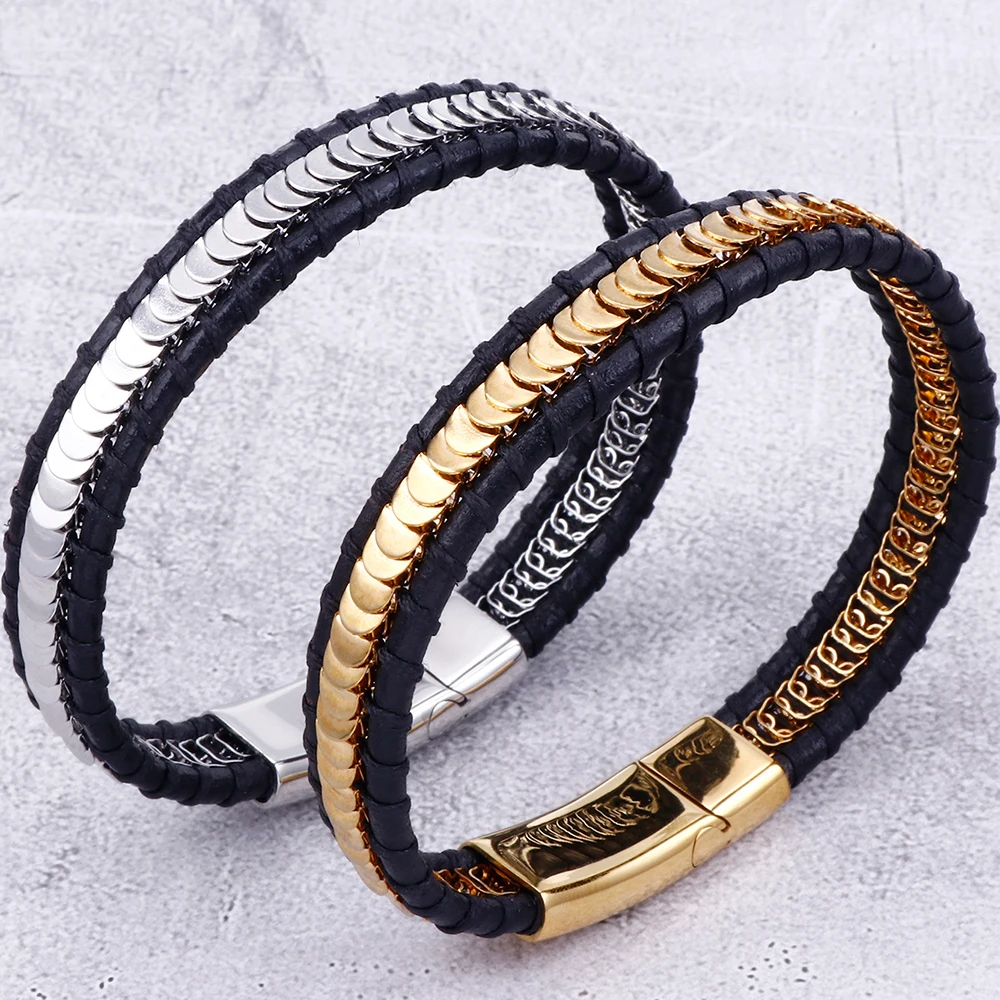 Personalized Leather Bracelet Men With Magnet Clasp Stainless