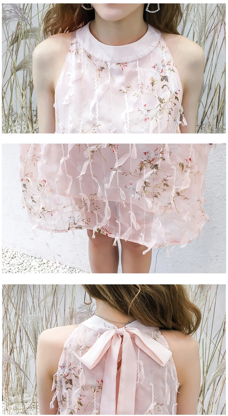 Женское шифоновое платье с бахромой розовое без рукавов круглым вырезом и бантом