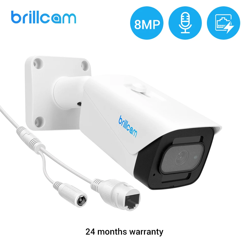Brillcam 8MP Smart PoE IP Camera Outdoor IR Night Vision Bullet CCTV Camera 2.8MM Waterproof Built In MIC Security Cameras