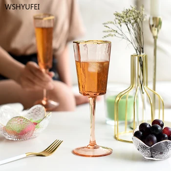 

Nordic luxury cup mouth gold plated transparent court wine glass wine champagne wine juice cup hexagonal high gold rim glass