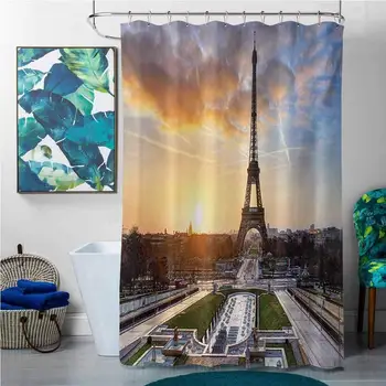 

Shower Curtains for Bathroom Navy Eiffel Tower,Sunrise in Paris with The Eiffel Tower Holidays Getaways Scenic Print,Blue Yellow