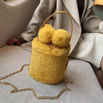 

Autumn And Winter Luxury Fake Fur Women's Bags Warm Fur Ball Plush Bucket Handbag Shoulder Bag Girl Messenger Bag 2020 New