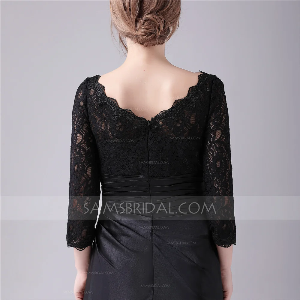 Sheath / Column Jewel Floor-length Chiffon Lace Evening Dress with Ruched Side-Draped