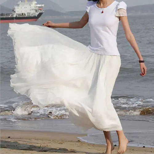 Женская шифоновая трапециевидная длинная юбка макси в стиле бохо, женские пляжные юбки, Повседневный сарафан, юбка белого, Королевского синего цвета - Цвет: Белый