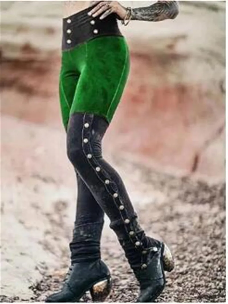 COLDKER, женская мода, готический стиль, стимпанк, оболочка, на пуговицах, высокая талия, повседневные Карманы, пэчворк, цветные штаны, уличная одежда для девушек - Цвет: green