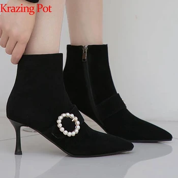 

Krazing pot sheep suede pointed toe stiletto thin high heels zipper circle pearl fasteners party sexy dailywear ankle boots L95