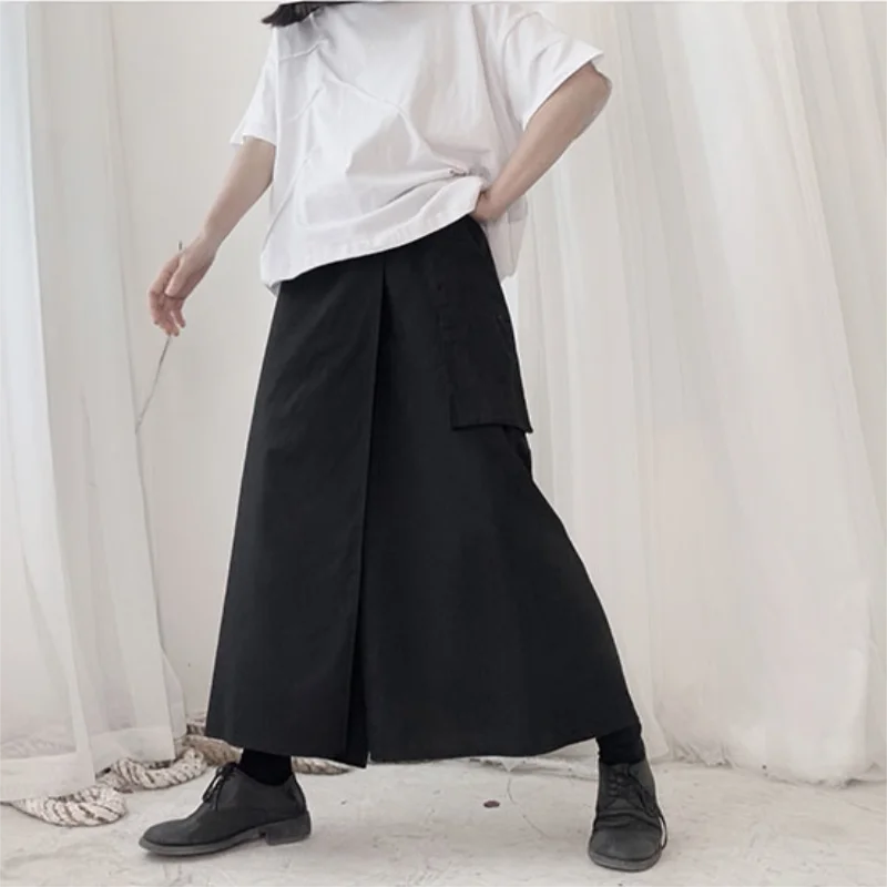 Ladies Spring and Autumn Hemp Cotton Wide Leg Pants Super Loose Fake Two Casual Harlan Pure Color Skirt-Style Wide Leg Pants