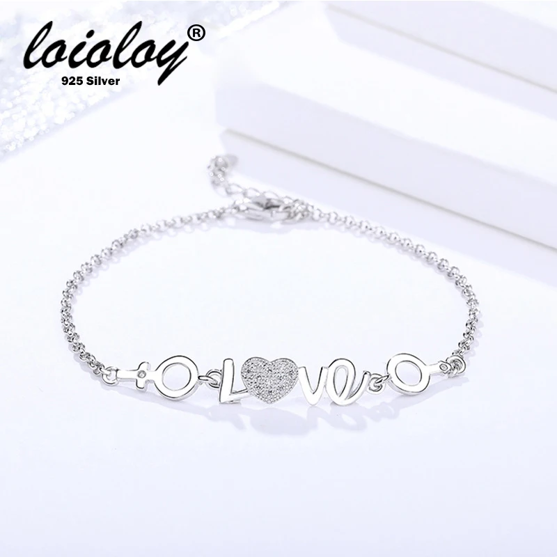 Loioloy 925 серебряные ювелирные изделия любовное письмо сердце браслет femme argent для
