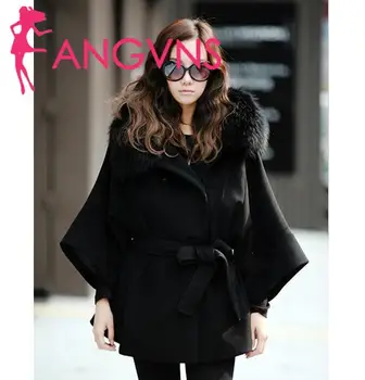 

Women's Luxury Double Breasted Batwing Cape Poncho Coat Jacket Fur Collar Hooded