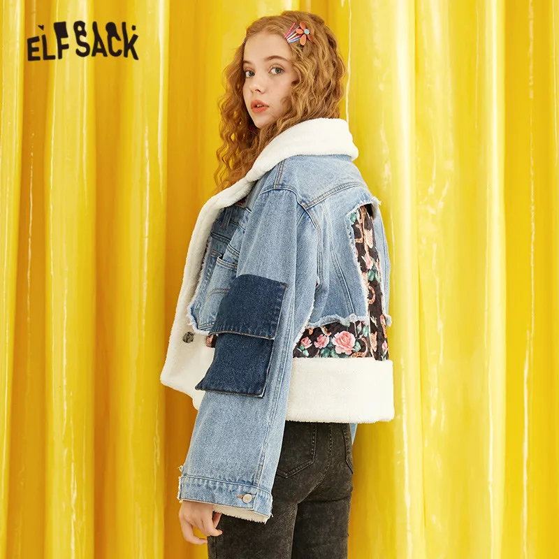 awesome ELFSACK Blue Floral Printed Teddy Lazy Women Denim Coat 2019 Winter New Polar Fleece Straight Casua