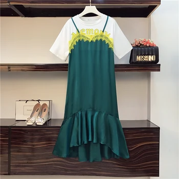 

2020 New Spring Summer Fashion Short Sleeve Dress for Women O Neck Loose Casual Faux Two Piece Students Dresses Students