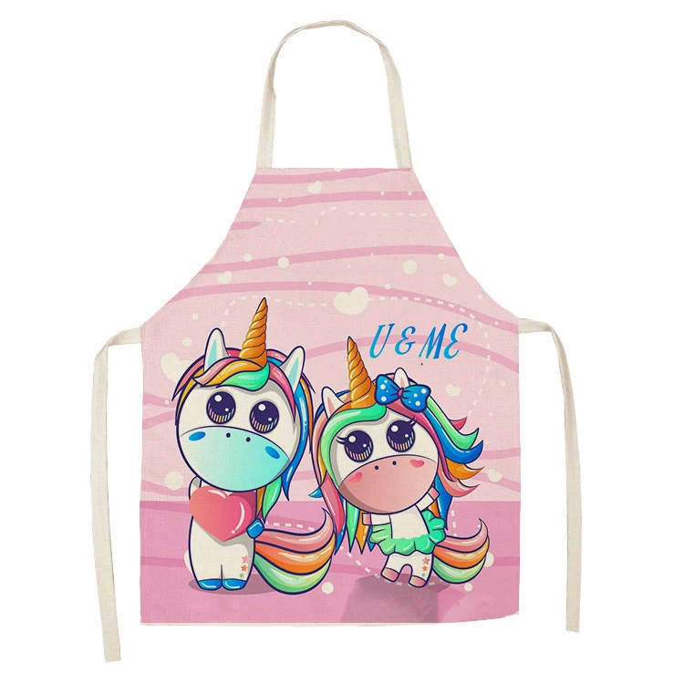 1Pcs Kitchen Apron Cartoon Unicorn Music Printed Sleeveless Cotton Linen Aprons for Men Women Home Cleaning Tools 55*68cm