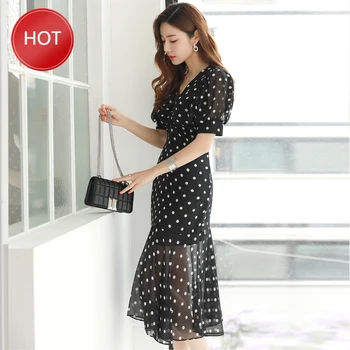 

women Summer Black polka-dot dress for hubble bubble sleeve V neck backless Ladies Office one piece Long Dresses