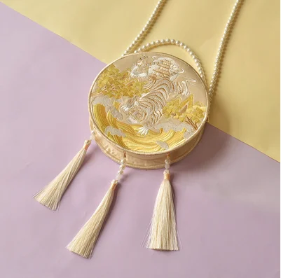 Angelatracy Hanfu Chinese Tiger Dragon Embroidery Tassel Rabbit Sheep Snake Horse Mouse Cow Monkey Pig Shoulder Circular Bags