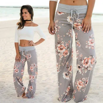 

Casual Straight Long Beach Pant Wide Leg Plus Size 3XL Women Trousers 29 Colors Bohemia Print Elastic Waist Palazzo Sweatpants